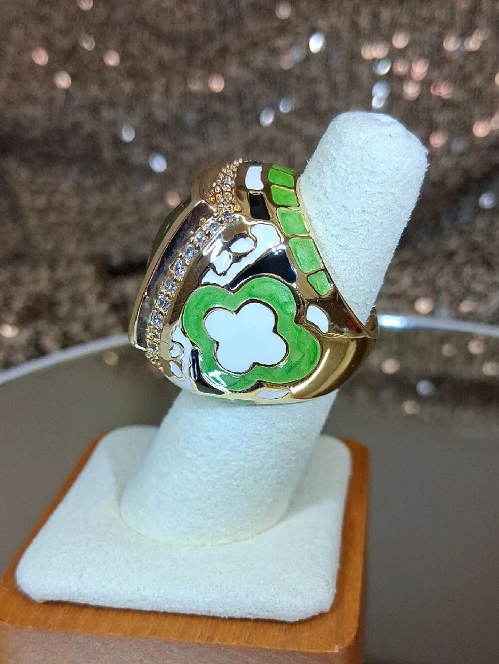 Gold-tone Enamel Statement Ring with Faceted Olive Green Crystal Center Stone
